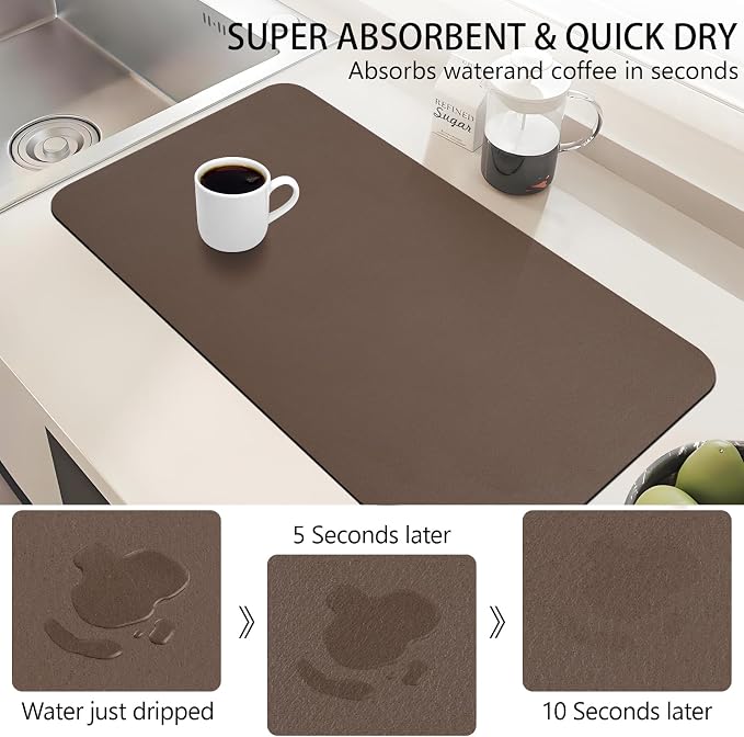 Coffee Mat for Countertop, 17“ x 31.5” Super Absorbent Coffee Bar Mat, Kitchen Counter Mats Fits Under Coffee-Maker, Kitchen Accessories for Espresso Machine Dish Drying Rack, Brown