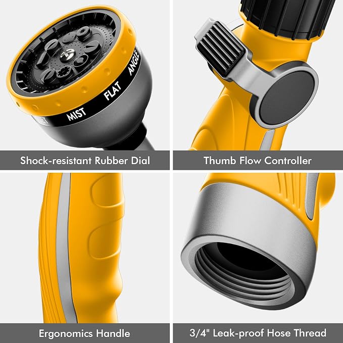 RESTMO Watering Wand Heavy Duty, 15-Inch Long Hose Nozzle Sprayer | 10 Spray Patterns & Thumb Flow Control, Metal Garden Hose Wand for Water Hanging Baskets and Shrubs, Yellow