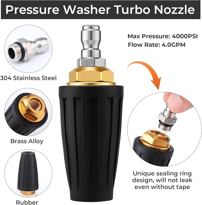 Pressure Washer Turbo Nozzle Kit, 4000 Psi, 1/4" Qc, 6 Tips, 3 Wands | 360° Rotating Turbo Spray, Ceramic Core, Brass & Stainless Steel, 4.0 Gpm, For Gutters, Cars, Patios And Driveways
