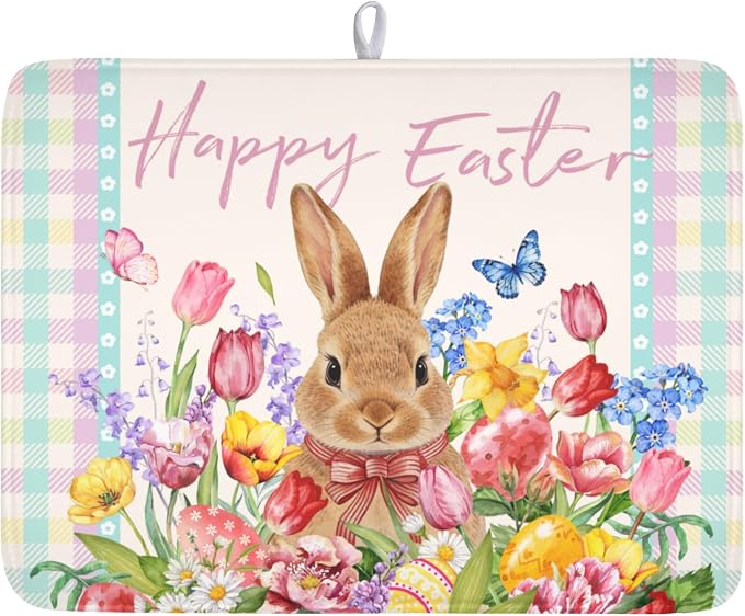 Easter Bunny Dish Drying Mat for Kitchen Counter Happy Easter Rabbit Floral Colorful Buffalo Plaid Microfiber Dish Drainer Mat Absorbent Washable Drying Pad Extra Large 18"x24"