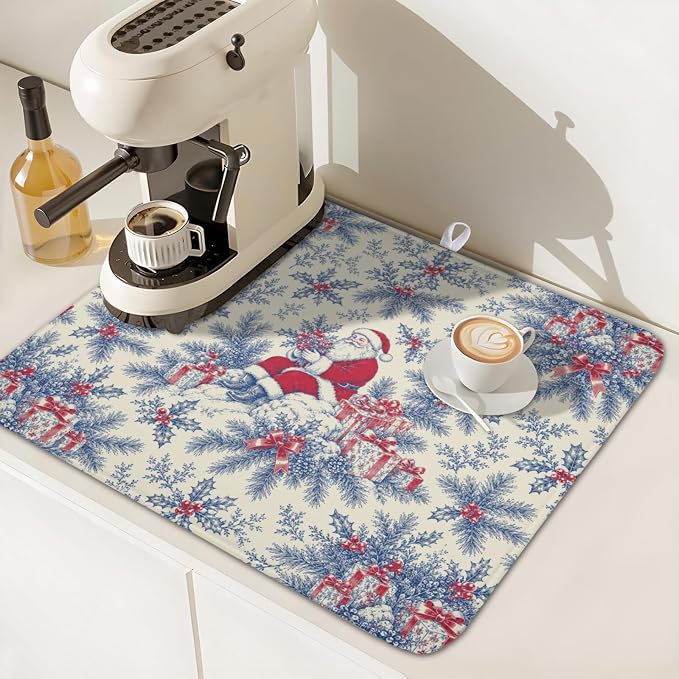 Christmas Santa Claus Dish Drying Mat for Kitchen Counter 16x18 Inch | Vintage Blue Chinoiserie Christmas Holly Leaves Dish Drainer Mat Rustic Xmas Holiday Absorbent Washable Drying Pad