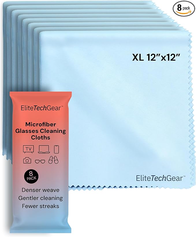 Elite Tech Gear Microfiber Cleaning Cloths for Glasses & Screens, 8-Pack | Blue - Large 12"x12" - Streak-free - Safe for Delicate Lenses - Washable - Clean Glasses, TVs, Phones, DSLR and Coated Lenses