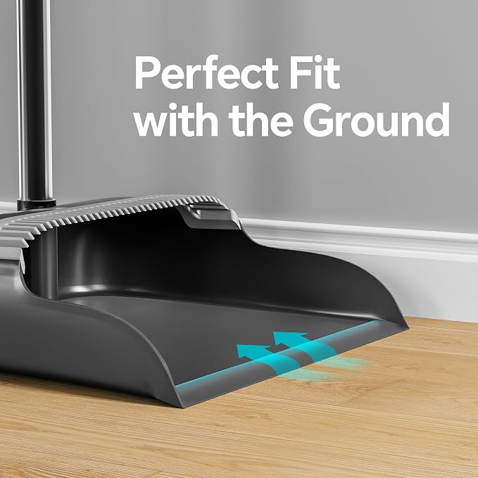 Broom and Dustpan Set, 52" Long Handle with Dust Pan Teeth, Black | Standing Broom with Dustpan Combo Set Clean Pet Hair, Easy Sweeping Suitable for Home Kitchen Office Lobby