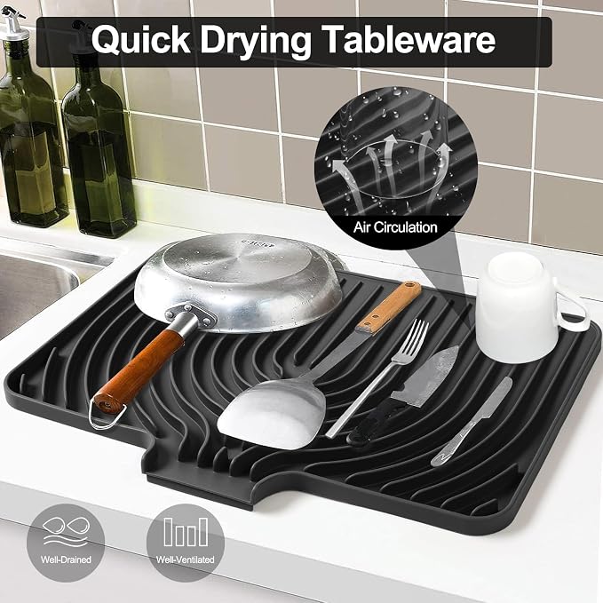 Dish Drying Mat for Kitchen Counter, with Built-in Drain Lip, Food-Grade Silicone, Easy Clean Pad for Countertop Protection, Multi-Functional Use (18x11.8, Black)
