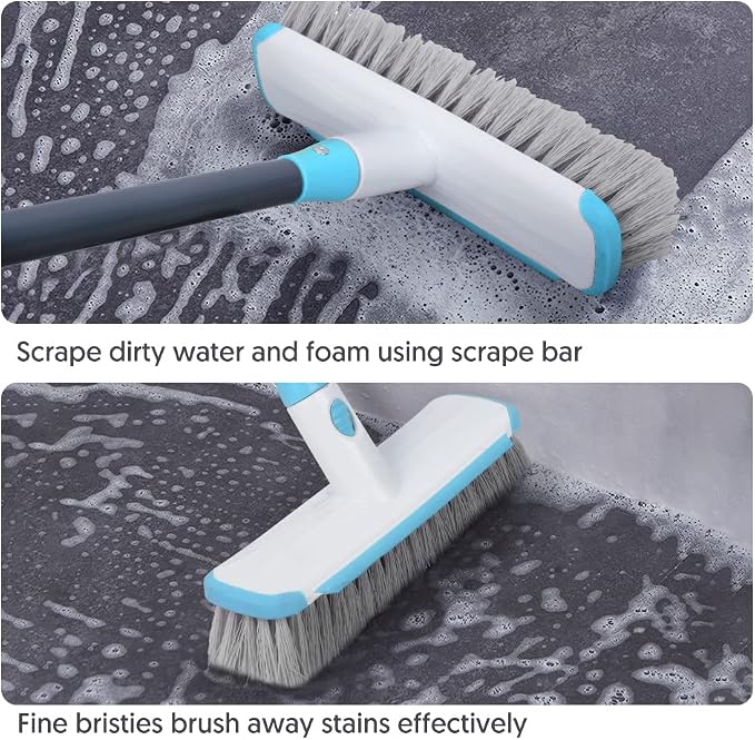 Floor Scrubber with Long Handle, 2 in 1 Scrubbing Brush Stiff Bristle Shower Cleaning Brush for Bathroom, Kitchen, Tub, Carpet, Grout, Tile(Blue)