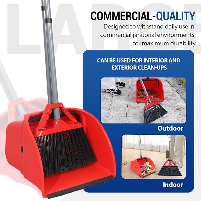 Commercial Broom and Dustpan Set, Jumbo Lobby Debris Dustpan (14inch*14inch), Heavy Duty Broom (14inch Width), 2 Sets, Red,for Indoor and Outdoor Cleaning,Red