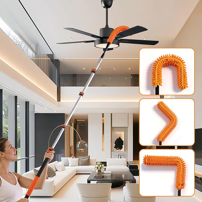18FT High Reach Duster Kit with 3-12FT Flip-Lock & Screw Dual Locking Extension Pole, Cobweb Duster, Washable Ceiling Fan Cleaner & Window Squeegee for Glass & High Roof