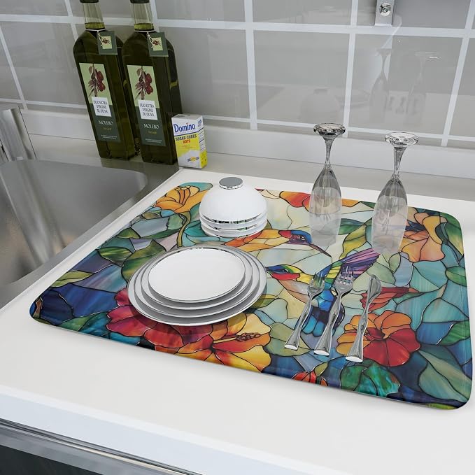 Spring Summer Dish Drying Mat for Kitchen Counter Hummingbird Microfiber Absorbent Dish Draining Reusable Washable Foldable Extra Large 18"x24"