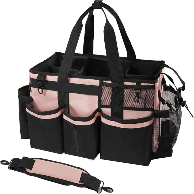 SCAVATA Wearable Cleaning Caddy, Cleaning Caddy Supplies Organizer with Handle & Shoulder Straps for Housekeepers, Under Sink & Car Cleaning Tool Organizers Bag with 4 Foldable Divider (Pink)