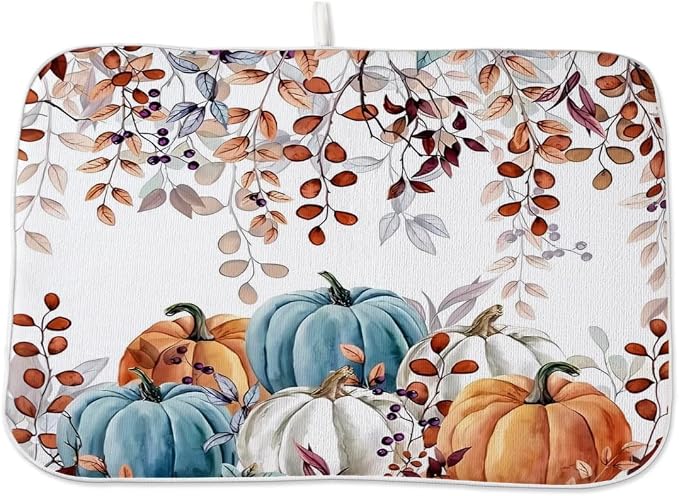 Fall Dish Drying Mat 18 x 24 Inch Autumn Maple Leaf Pumpkin Drying Mat for Kitchen Counter Absorbent Farmhouse Harvest Thanksgiving Dishes Dry Pad for Drainer Rack Kitchen Fast Dry