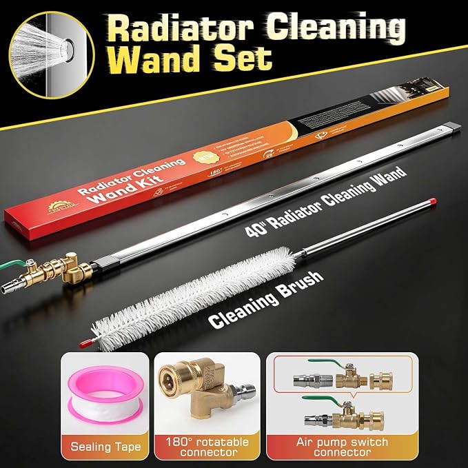 40" Upgraded Radiator Cleaning Wand Set | 25° Fan Nozzles,Water&Air Dual-Use,4500 PSI Pressure,Stainless Steel Washer Tool for Car,Truck and Other Vehicles