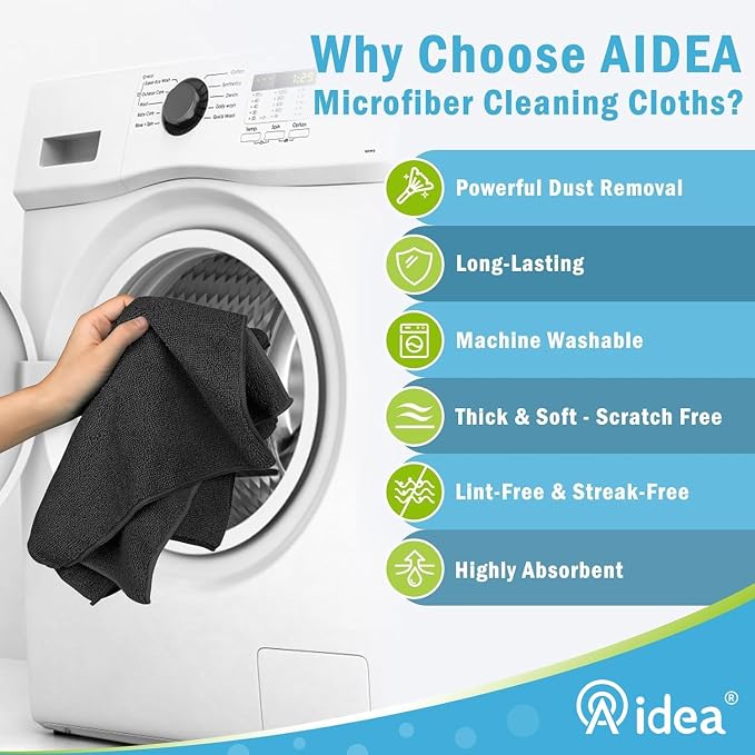 AIDEA Black Microfiber Cleaning Cloth-8PK, Cleaning Rags 12"x 16" Reusable | Microfiber Towels for Cars Lint Free, Absorbent Microfiber Towels, Kitchen Towels Dusting Cloth Dish Rags, Cleaning Supplies