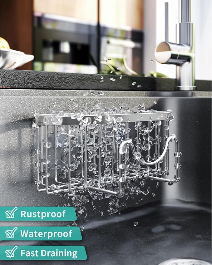 HapiRm Kitchen Sponge Holder for Sink - 2 Installation Methods Kitchen Sink Caddy Organizer with Unique M-Shaped, Rustproof Stainless Steel Sponge Caddy - Silver (Large)