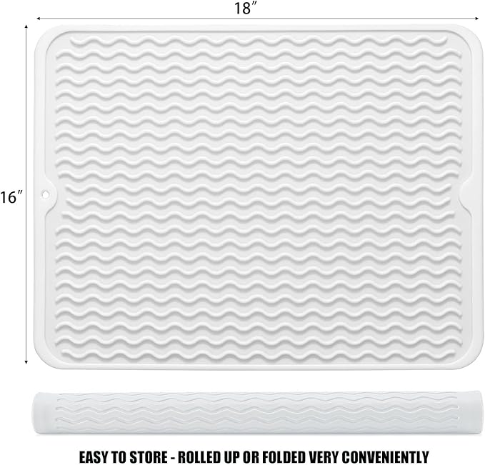 Silicone Dish Drying Mat for Multiple Usage, Easy clean, Eco-friendly, Heat-resistant Dish Drainer Mat for Kitchen Counter,Sink,Refrigerator or Drawer liner (18" x 16", White)