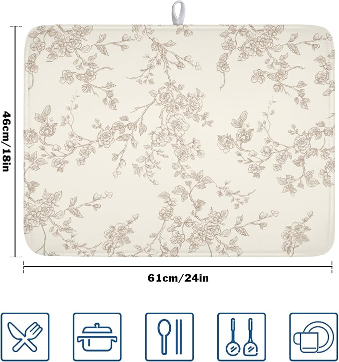 Brown and Cream Chinoiserie Floral Dish Drying Mat 18x24 Inch | Polyester，Absorbent Microfiber，for Kitchen Coffee Dining Bar Decor