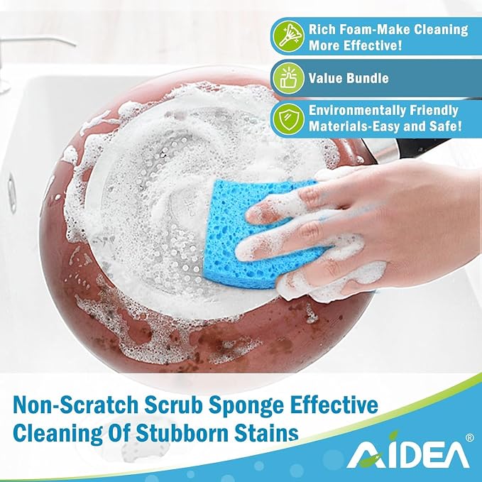 AIDEA Sponges Kitchen, Non-Scratch Scrub Sponge,12Count, Sponge for Dishes | Kitchen Sponges for Non-Stick Cookware, Cleans Fast Without Scratching, Cleaning Power for Kitchen, Bathroom, Household