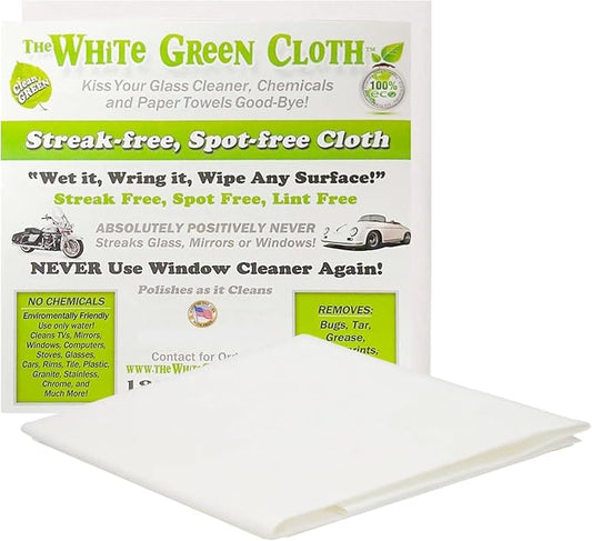 The White Green Cloth 1-Pack Reusable Cleaning Cloth for Streak-Free Windows, Mirrors & All-Purpose Cleaning – Chemical-Free, Absorbent, Non-Abrasive, 16" x 16" White Cleaning Rag, Made in the USA