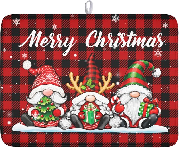 Merry Christmas Dish Drying Mat 18x24 Inch Xmas Santa Claus Winter | Polyester，Absorbent Microfiber，for Kitchen Coffee Dining Bar Decor