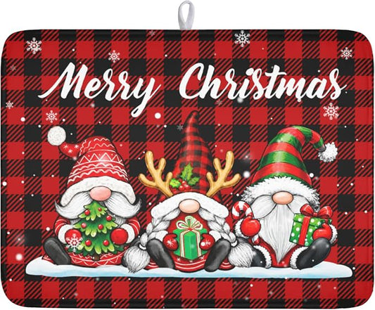 Merry Christmas Dish Drying Mat 18x24 Inch Xmas Santa Claus Winter | Polyester，Absorbent Microfiber，for Kitchen Coffee Dining Bar Decor
