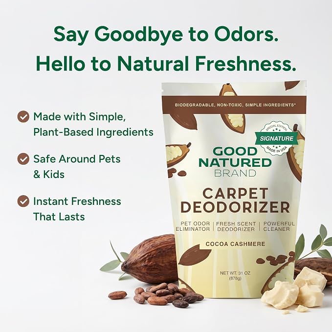 Good Natured Brand | Carpet Deodorizer & Freshener Powder | 31 oz Pet Odor Eliminator for Strong Odor & Pet Urine | Fresh Natural Cocoa Cashmere Scent | Safe for Homes with Pets