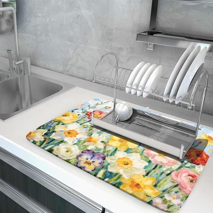 Spring Floral Dish Drying Mat for Kitchen Counter 18x24 Yellow Pink Narcissus Flower Seasonal Themed Summer Absorbent Reversible Microfiber Drying Mats Kitchen Countertop Protector Dishes Drainer Pad