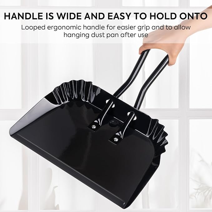 17In Large Dust Pan and Brush Set,Heavy-Duty Dust Pan | Handheld Dustpan | Commercial Metal Dust Pan and Wood Broom,Precision Edge for Debris,Black Hanging Dustpan Set for Home,Fireplace,Car,Outdoor
