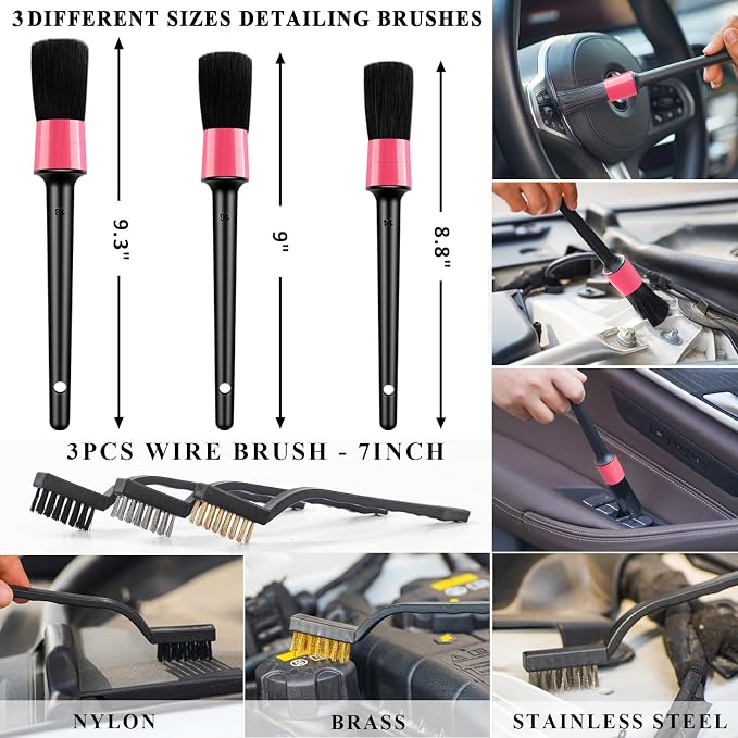 20Pcs Car Cleaning Wash Kit Interior Detailing Cleaner Kit with High Power Handheld Vacuum, Brush Set, Windshield Tool, Duster, Towels, Complete Car Care Tools, Pink