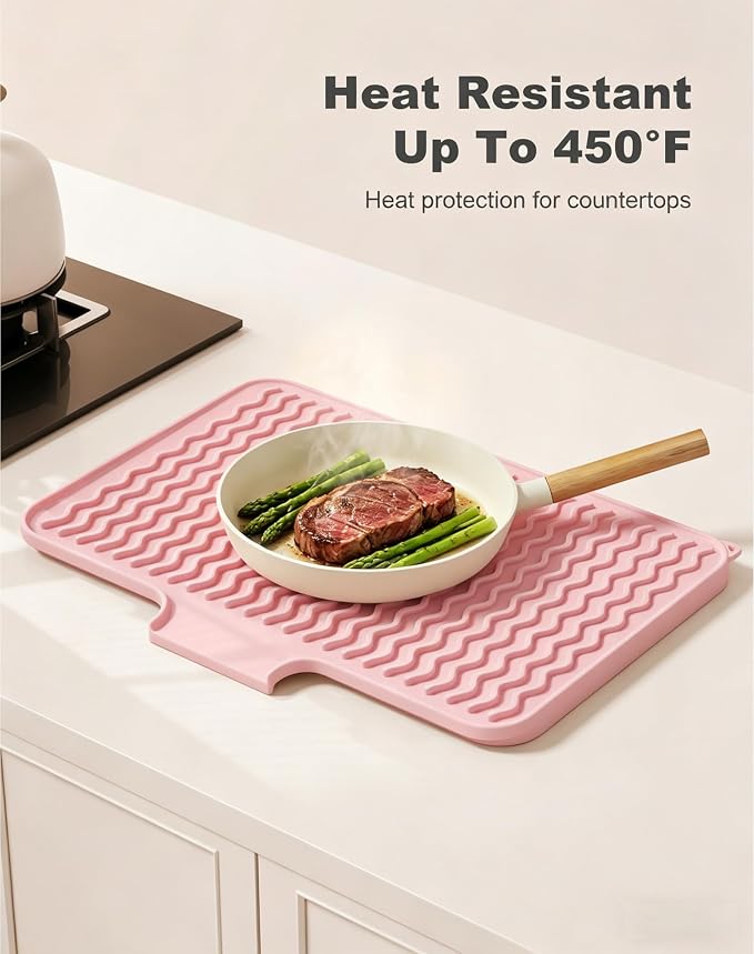 Rnivvi Silicone Dish Drying Mat for Kitchen Counter, 16 x 12" Drainer Pad with Drainage Spout, Easy Clean Dish Rack Mat for Dishes, Non-Slip Countertop Protector Heat Resistant Trivet, Utensils, Pink