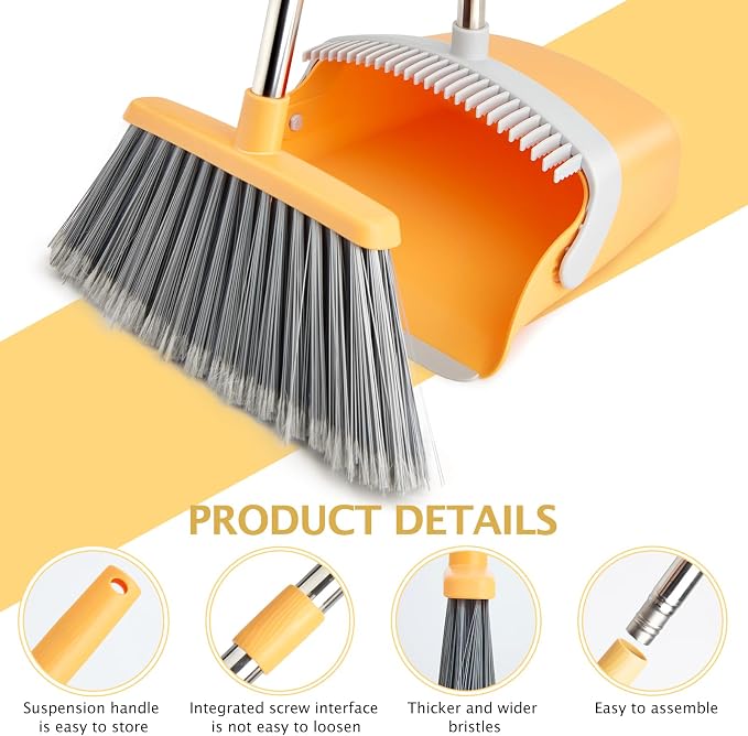 Broom and Dustpan Combo Set,Long Handle, Gray Yellow | Heavy Dust, Dustpans with Broom Combo for Home, Kitchen, Office, Classroom,Apartment, Pet Hair