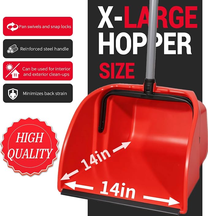 Commercial Broom and Dustpan Set,Heavy Duty Broom Set,Jumbo Debris Dustpan | Dustpan (14inch*14inch) , Broom(14inch Width) ,Trash Collection for Commercial /Industrial Cleaning ,2Sets, Red