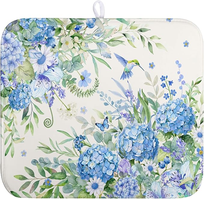 Blue Hydrangea Dish Drying Mat for Kitchen Counter 16 x 18 Inch Spring Floral Hummingbird Butterfly Absorbent Microfiber Dish Mat Reversible Washable Heat Resistant Dry Pad for Coffee Bar