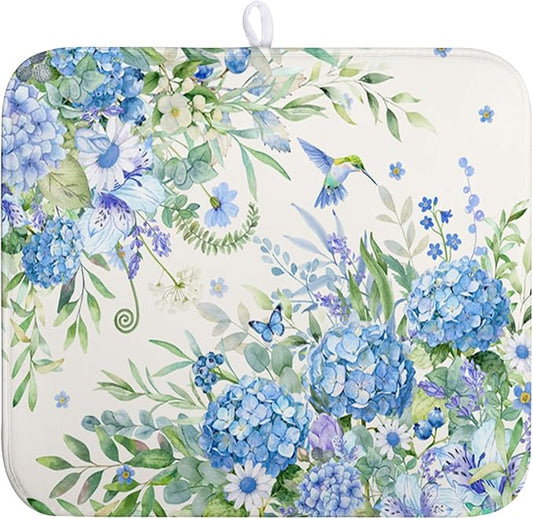 Blue Hydrangea Dish Drying Mat for Kitchen Counter 16 x 18 Inch Spring Floral Hummingbird Butterfly Absorbent Microfiber Dish Mat Reversible Washable Heat Resistant Dry Pad for Coffee Bar