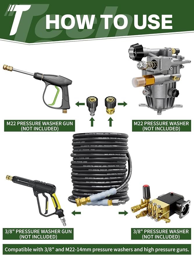 3/8" 4800PSI Pressure Washer Hose 100FT Swivel Quick Connect | Power Washer Hose for Cold/Hot Water Max 248°F, Kink Resistant Steel Wire Braided, Wear Resistant with M22 14mm Adapter