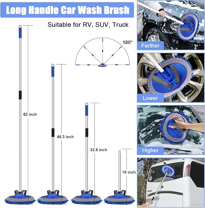 anngrowy 62" Microfiber Car Wash Brush with Long Handle, Car Washing Blue Set Mitt, Sponge, Car Cleaning Supplies Kit, Duster, Car Brush Accessories