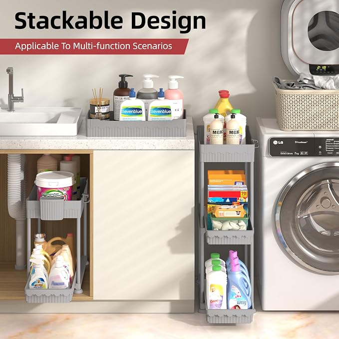 Sevenblue 4-Pack 2-Tier Under Sink Organizer with Pull Out Drawers | Multi-use kitchen & bathroom storage. Includes hanging hooks and cups. Gray, space-saving cabinet design. 14.8 Inch