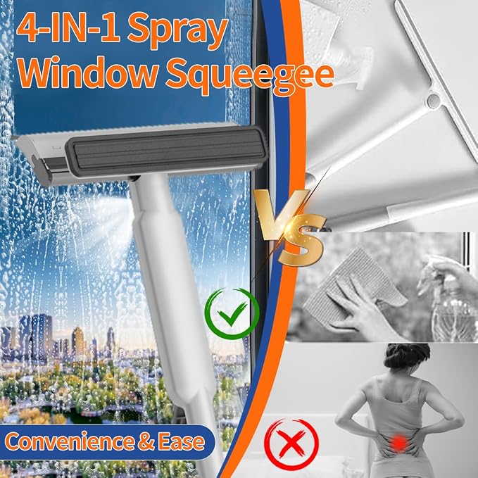 4 in 1 Window Squeegee with Water Tank,Window Cleaner Tool with Remote Control Water Spray,16'' to 72'' Adjustable Extension Pole,Wastewater Tray,Sponge Window Squeegee for Shower Glass Car Window