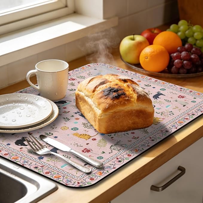 Dish Drying Mat, Vintage Rustic Boho Kitchen Dishes Absorbent Pad, 18x24in | Eco-friendly diatomite with non-slip rubber backing. Super absorbent mat for kitchen counters, coffee bars & sinks