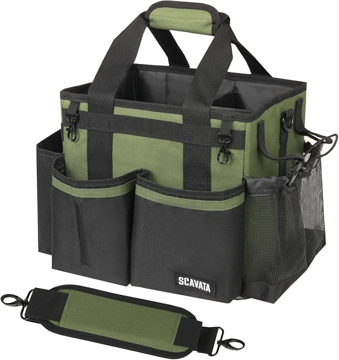 SCAVATA Compact Wearable Cleaning Caddy with Handle & Shoulder Straps | Small Cleaning Supplies Organizer, Under Sink & Car Cleaning Tools Storage Bag for Housekeepers Cleaners, Armygreen