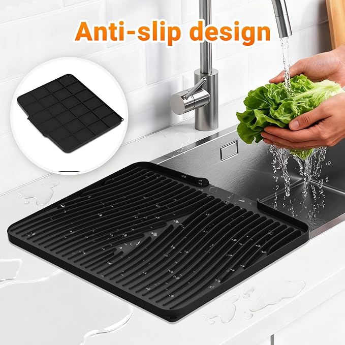 Silicone Dish Drying Mat for Kitchen counter, 19.7"x17" Extra Large Non-Slip Drain Pad with Built-in Drainage, Heat Resistant Dishwasher Safe, Black