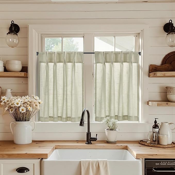 jinchan Linen Pinch Pleated Back Tab Tier Curtains, 26x36, 2 Panels, Beige | Light filtering,small window treatment,cafe curtains,machine washable,farmhouse,kitchen,bathrooms,laundry