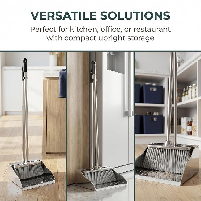 Metal Dustpan with Soft Bristles Broom Heavy Duty Stainless Steel Upright Standing Dust Pan and Broom for Sweeping Indoor Outdoor Home Kitchen Office Lobby Hardwood Floor Cleaning