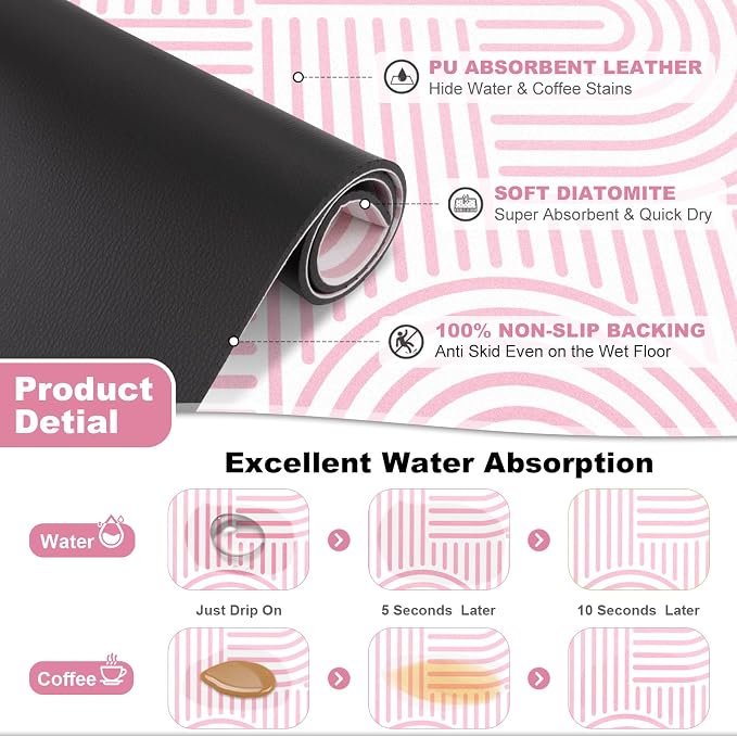 Findosom Dish Drying Mat, 12" x 20" Super Absorbent Dish Mat with Modern Geometric Striped, Hide Stain Drying Mat for Kitchen Counter, Under Dish Rack, Coffee Maker, Espresso Machine, Pink & White