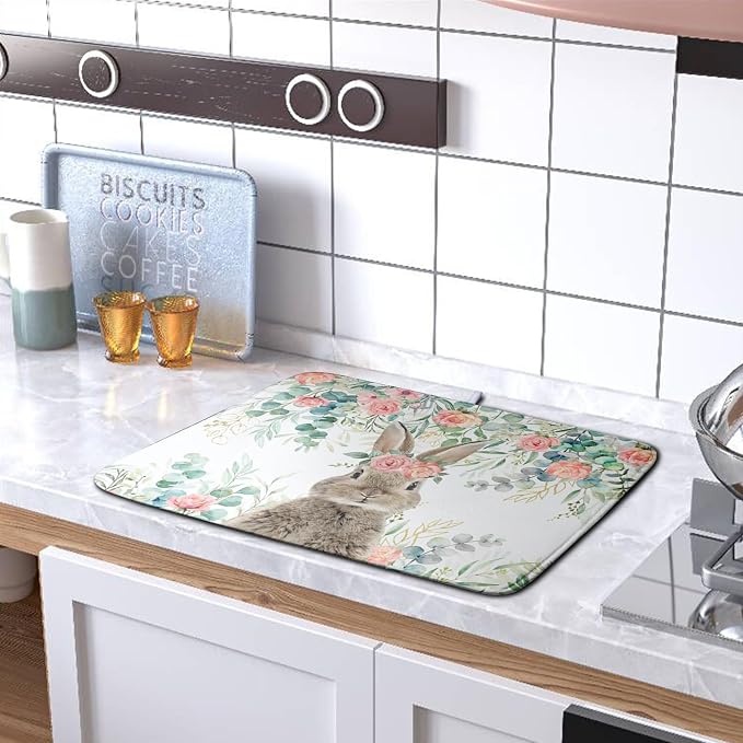 Easter Rabbit Dish Drying Mats for Kitchen Counter Easter Spring Watercolor Floral Bunny Absorbent Dish Drying Mat 16x18 Inch Absorbent Reversible Reusable Washable Dishes Drainer Mats