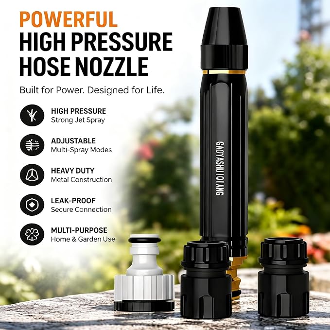 Heavy Duty Hose Nozzle, Adjustable High Pressure Water Hose Nozzle with Metal Garden Hose Sprayer, Leak-Proof Jet Spray Nozzle for Car Wash, Lawn, Garden Watering, Patio Cleaning