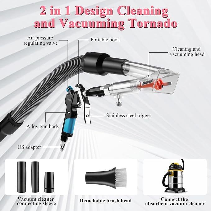 2in1 Car Cleaning Gun Detailing Dry Air Blow Gun & Vacunm Gun for Car | Multi-Purpose Vortex Air Cleaning Tool Detachable Sprinkler Head for Quickly Blasts Dirt from Surface with Air Compressor
