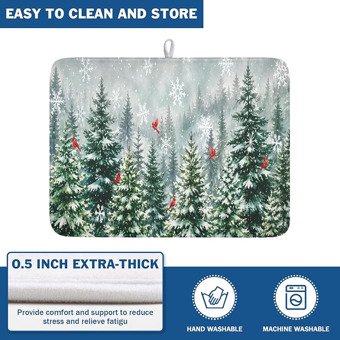 Winter Forest Snowflake Dish Drying Mat for Kitchen Counter 18"x24" | Christmas Green Pine Trees Birds Dish Drainer Mat Rustic Winter Holiday Absorbent Washable Drying Pad