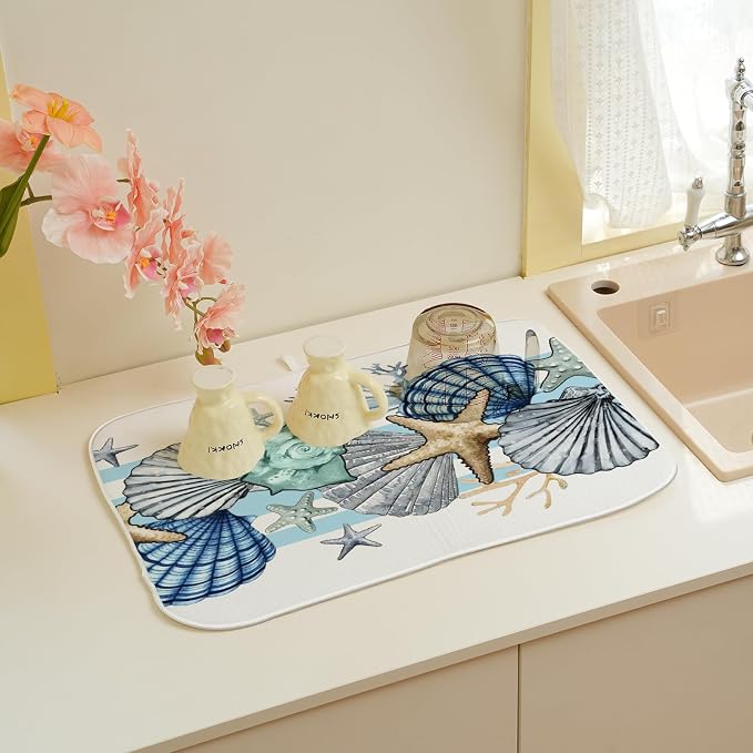 Nautical Coastal Starfish Dish Drying Mat 18x24 Inch Blue Beach Coral Shell Drying Mat for Kitchen Counter Absorbent Seasonal Summer Ocean Dishes Dry Pad for Drainer Rack Kitchen Fast Dry