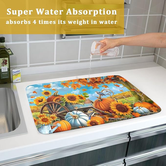 Fall Dish Drying Mat for Kitchen Counter Autumn Pumpkin Cute Bird Microfiber Absorbent Dish Draining Reusable Washable Foldable Extra Large 18"x24"