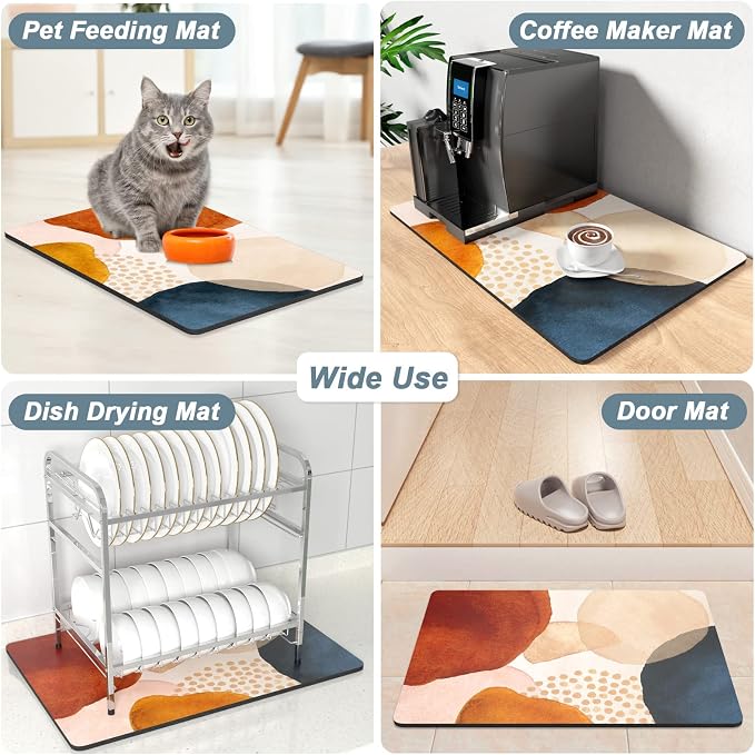 Rnivvi Coffee Mat, 12" x 19" Cute Boho Theme Coffee Bar Mats for Espresso Machine Station Accessories and Organizer, Hide Stain Rubber Backed Absorbent Dish Drying Pad for Kitchen Counter, Stones