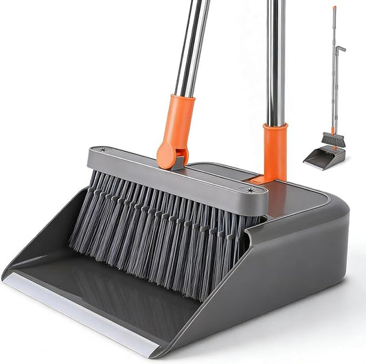 Broom and Dustpan Set, 51 inch Long Adjustable Handle Angle Broom and Dustpan Combo Set with Double Dustpan Teeth to Clean Hair for Home Kitchen Office Lobby, Orange&Grey